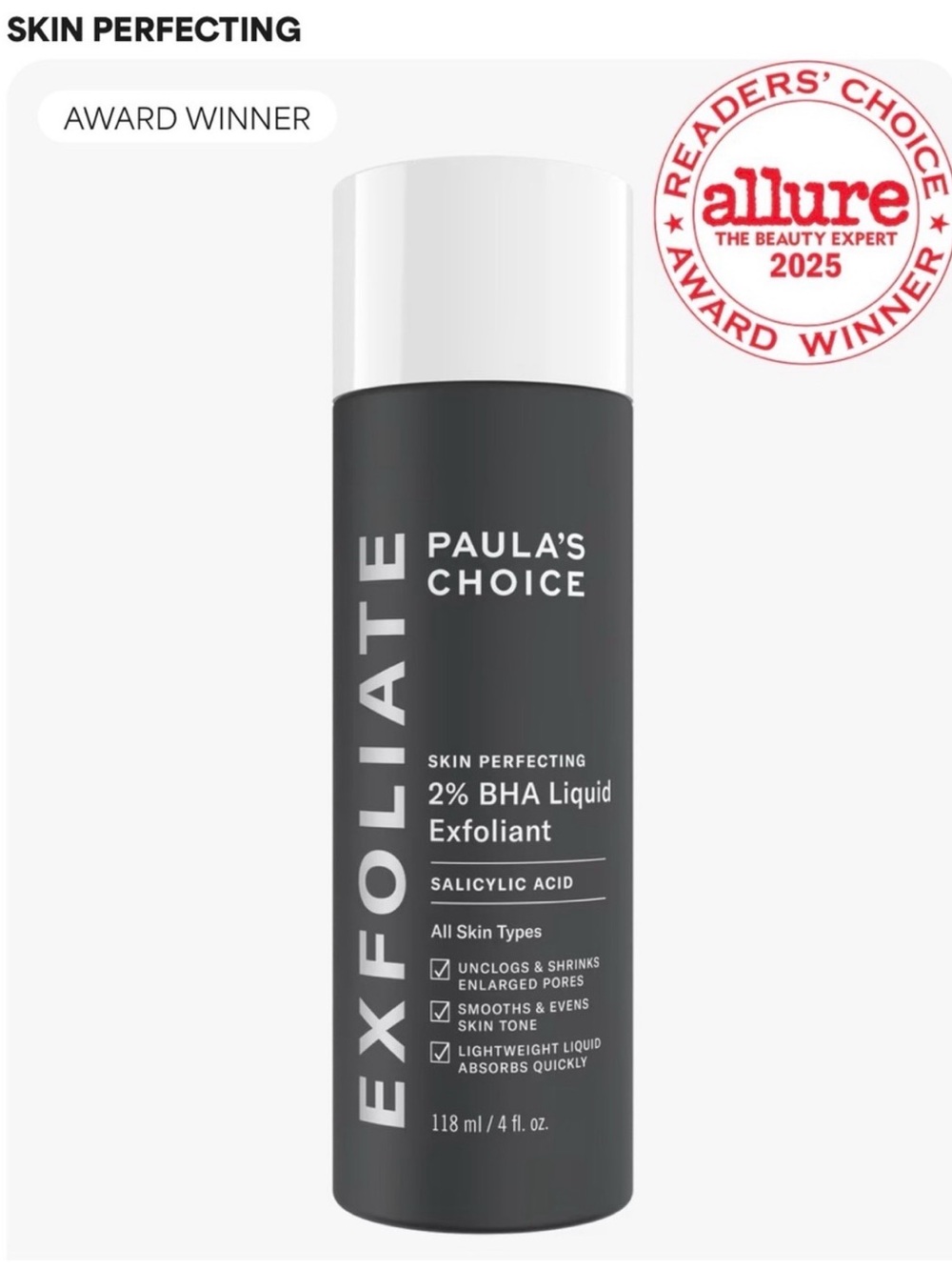 Paula's Choice Skin Perfecting 2% BHA Exfoliating Toner for Clear Skin 4 OZ NEW